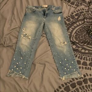 Women's Distressed Blue Jeans with Pearl Accents